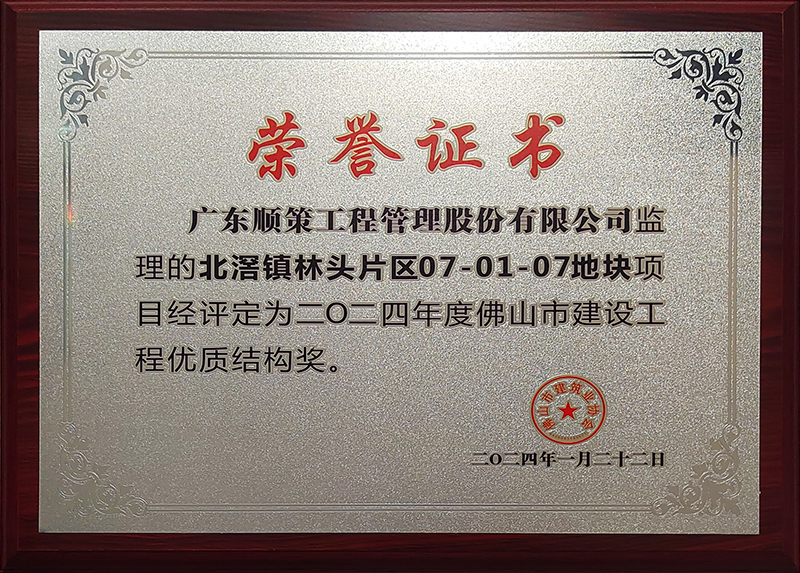 北滘林头片区070107地块评定为2024年度佛山市建设优质结构奖